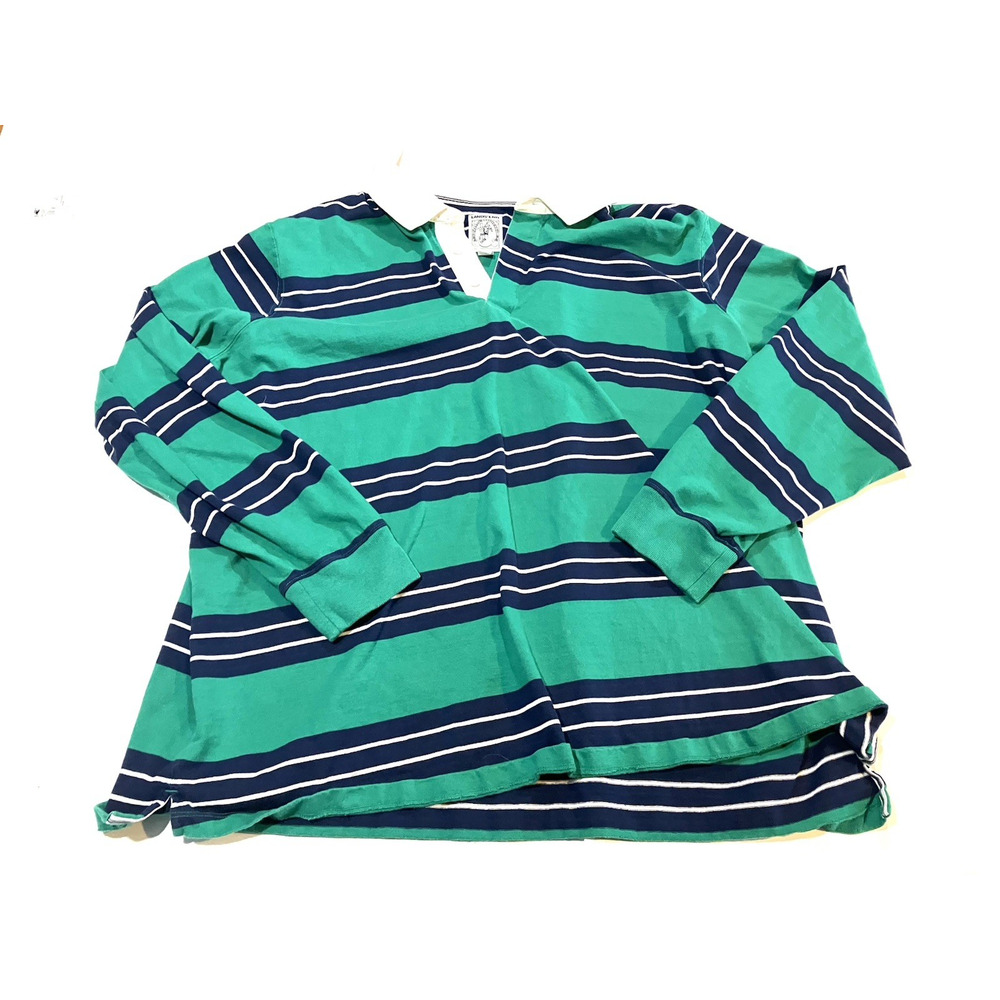 Lands End Rugby Shirt Men’s 4XL Green Blue Striped Long Sleeve White Collar